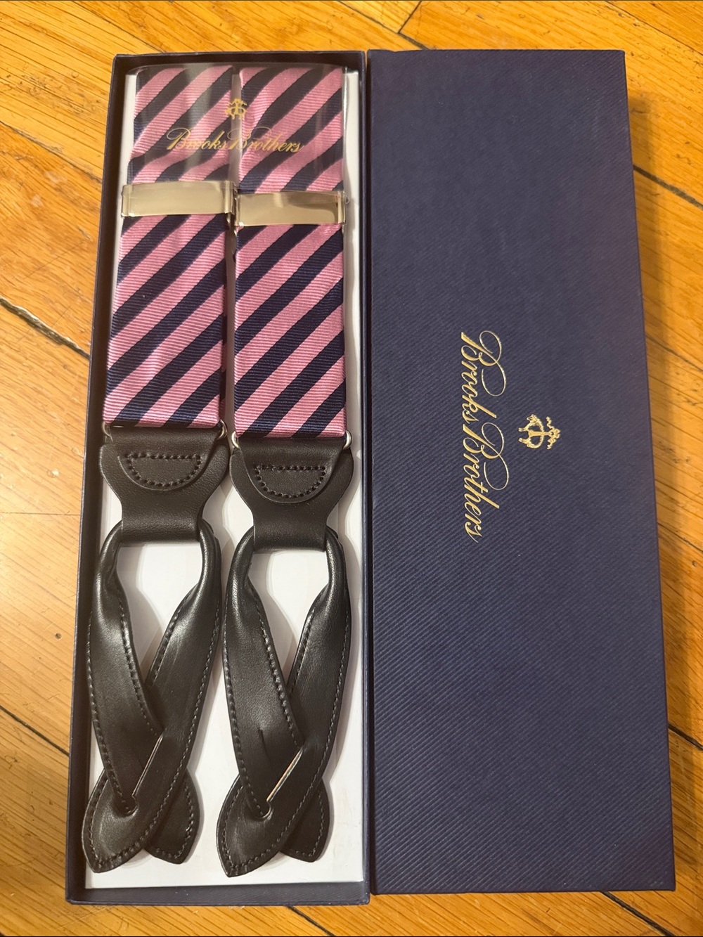 Brooks Brothers Pink and Navy Striped Leather-Button Suspenders